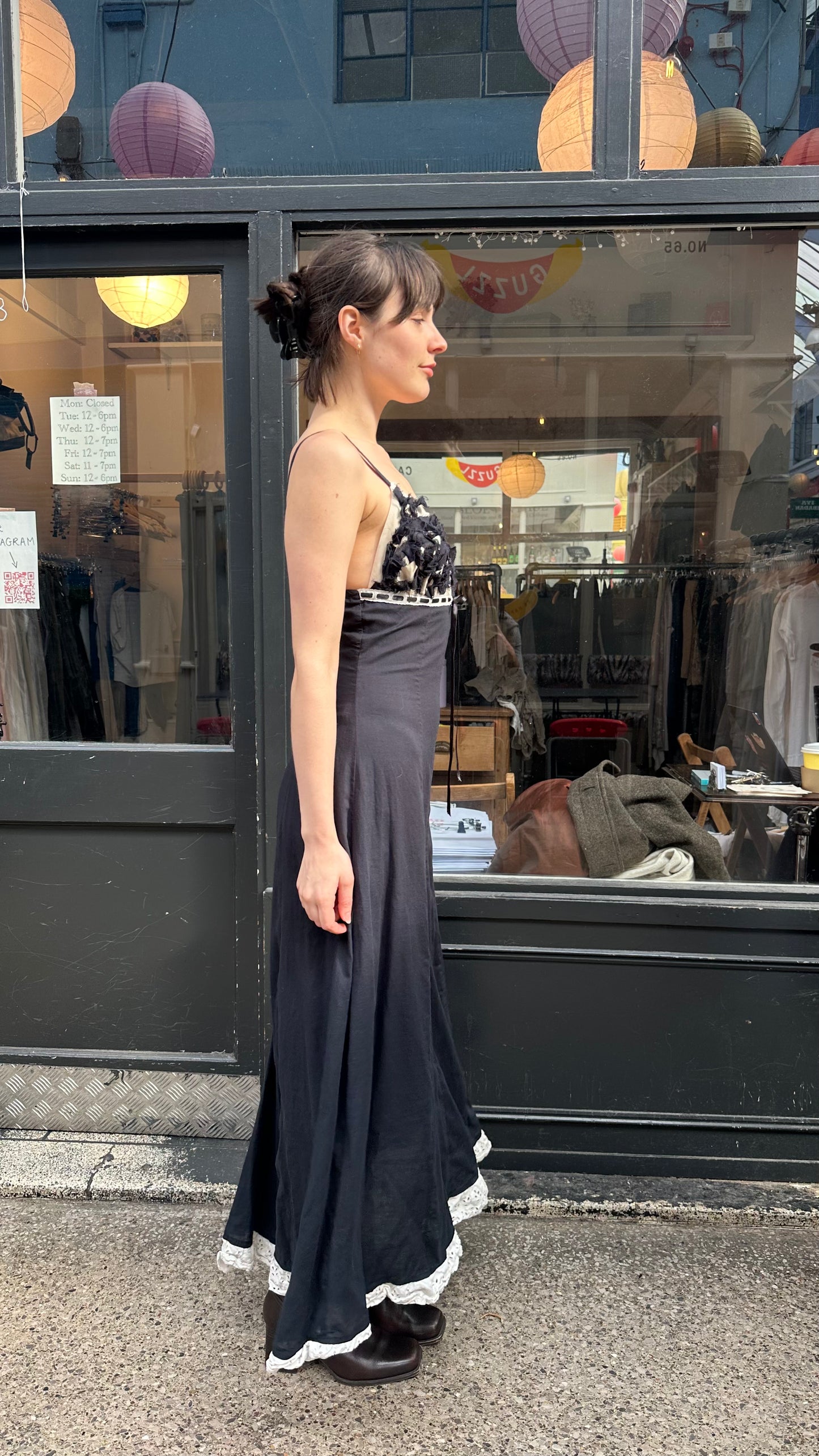 Maxi dress with raw edge appliqué on chest