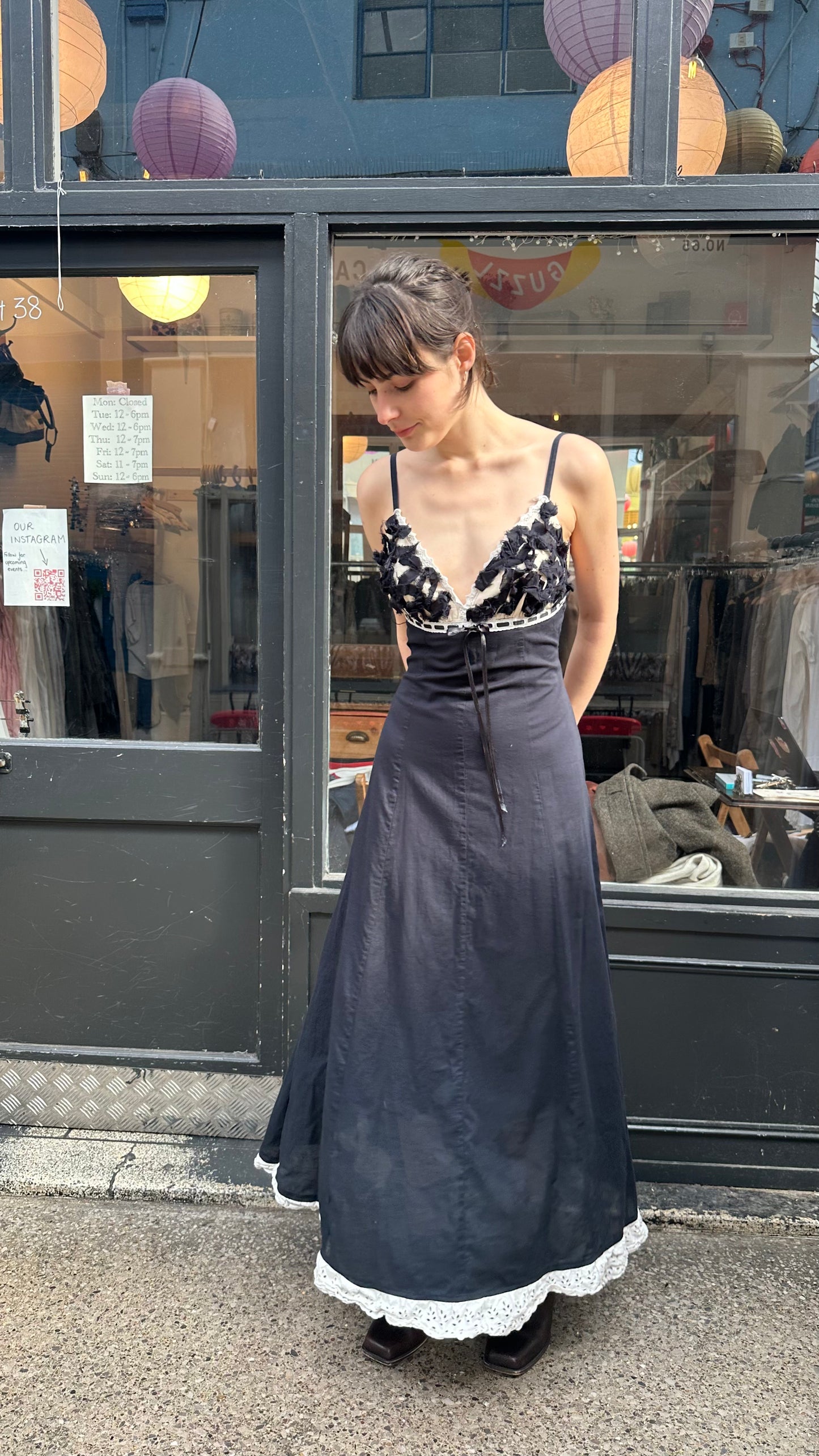 Maxi dress with raw edge appliqué on chest