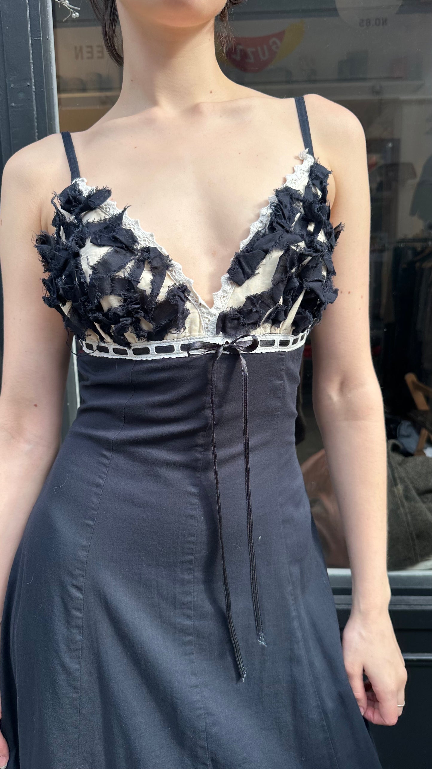 Maxi dress with raw edge appliqué on chest