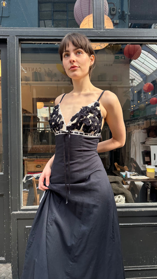 Maxi dress with raw edge appliqué on chest