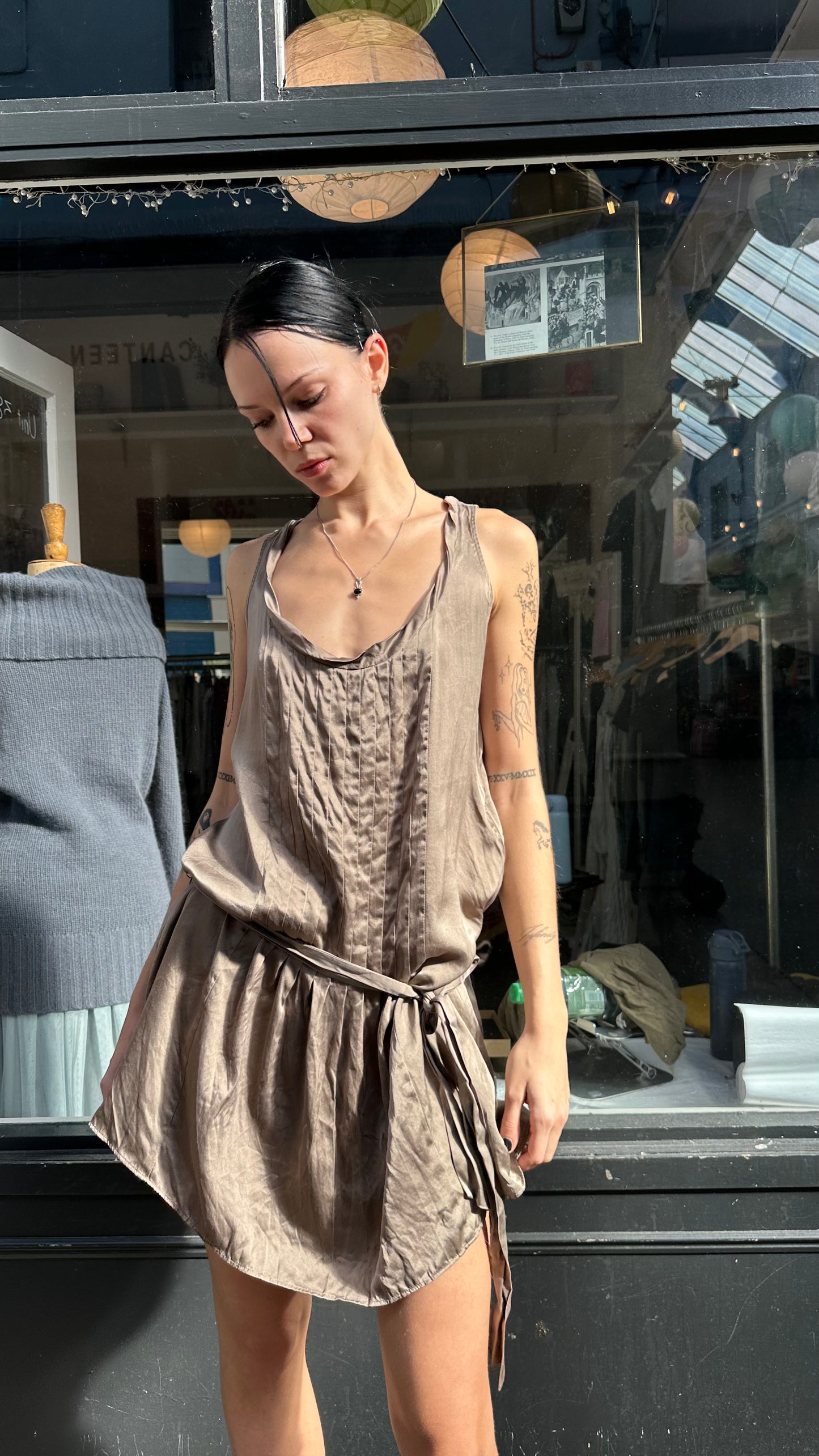 100% silk champagne drop waist pleated dress