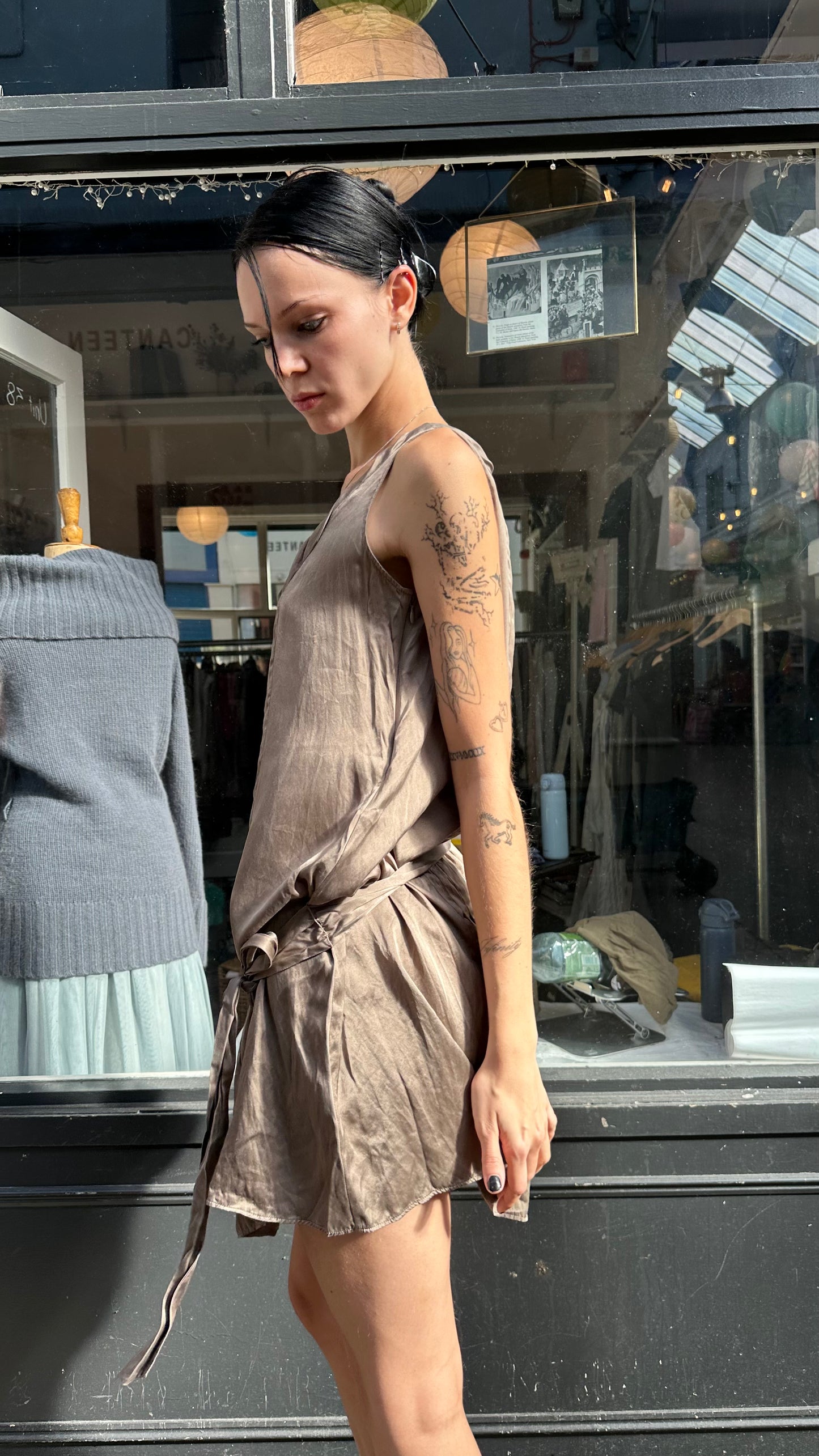 100% silk champagne drop waist pleated dress