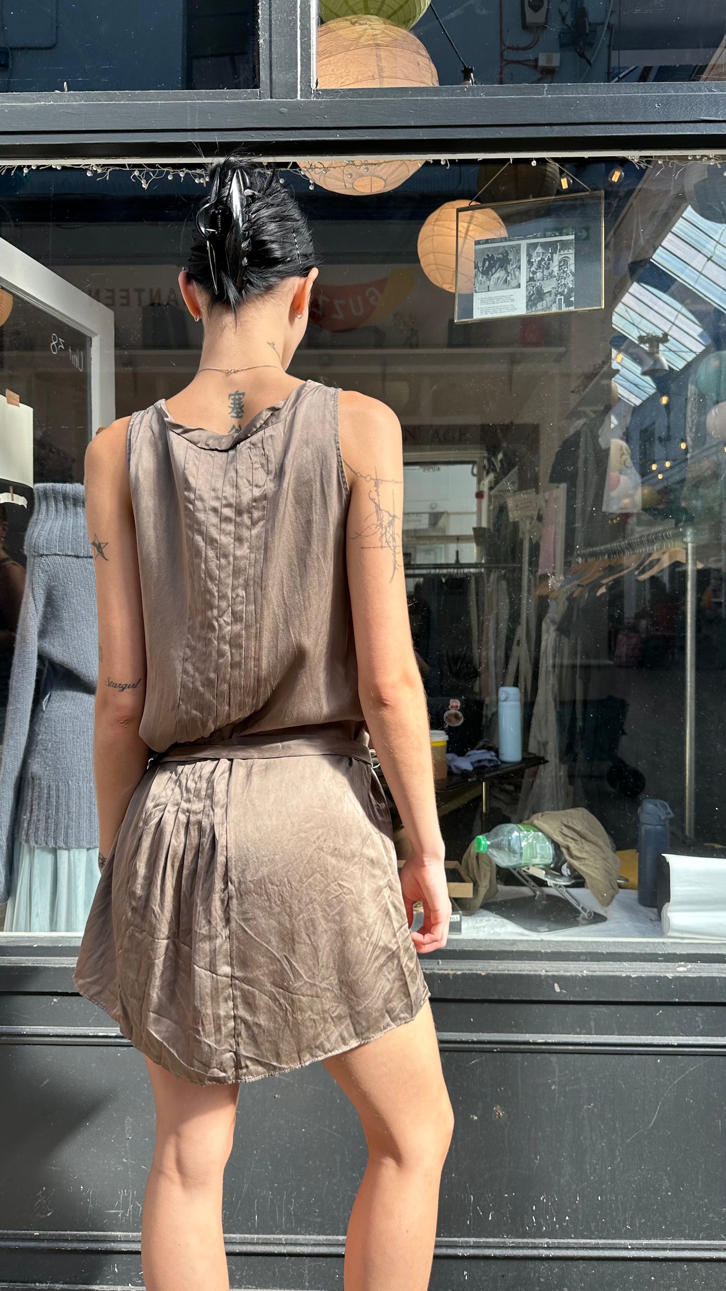 100% silk champagne drop waist pleated dress