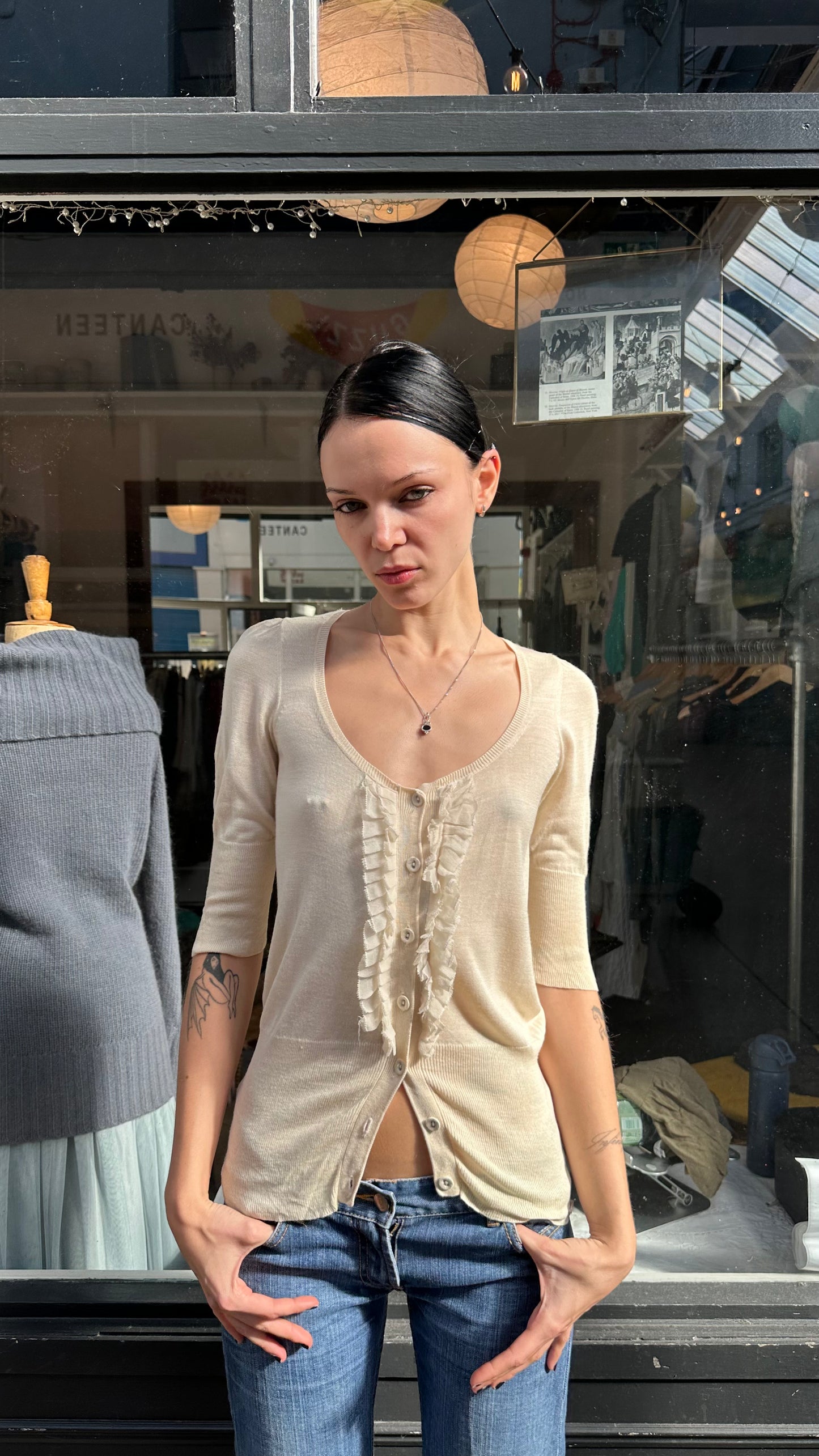 cream 100% silk cardigan with ruffles