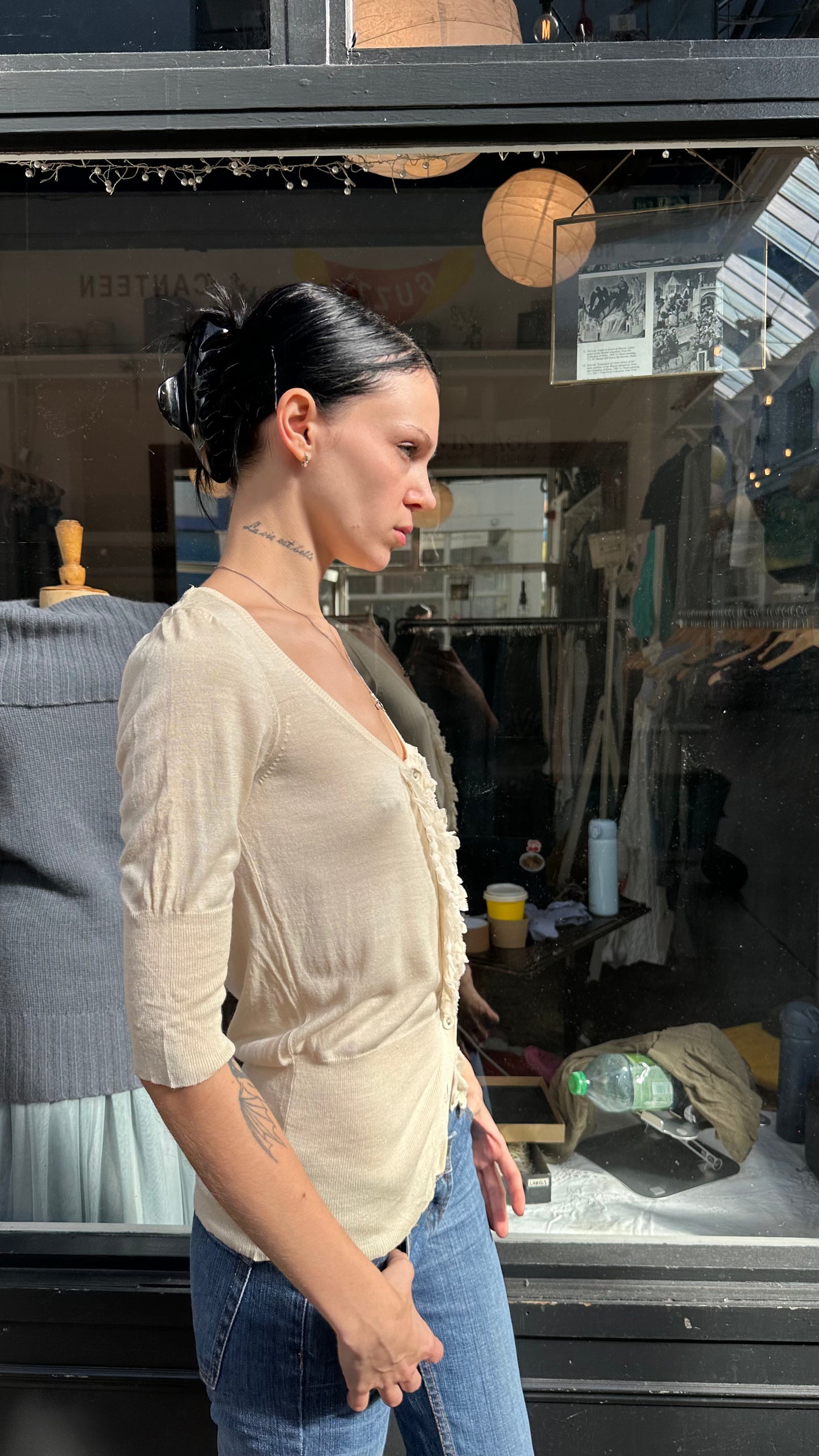 cream 100% silk cardigan with ruffles