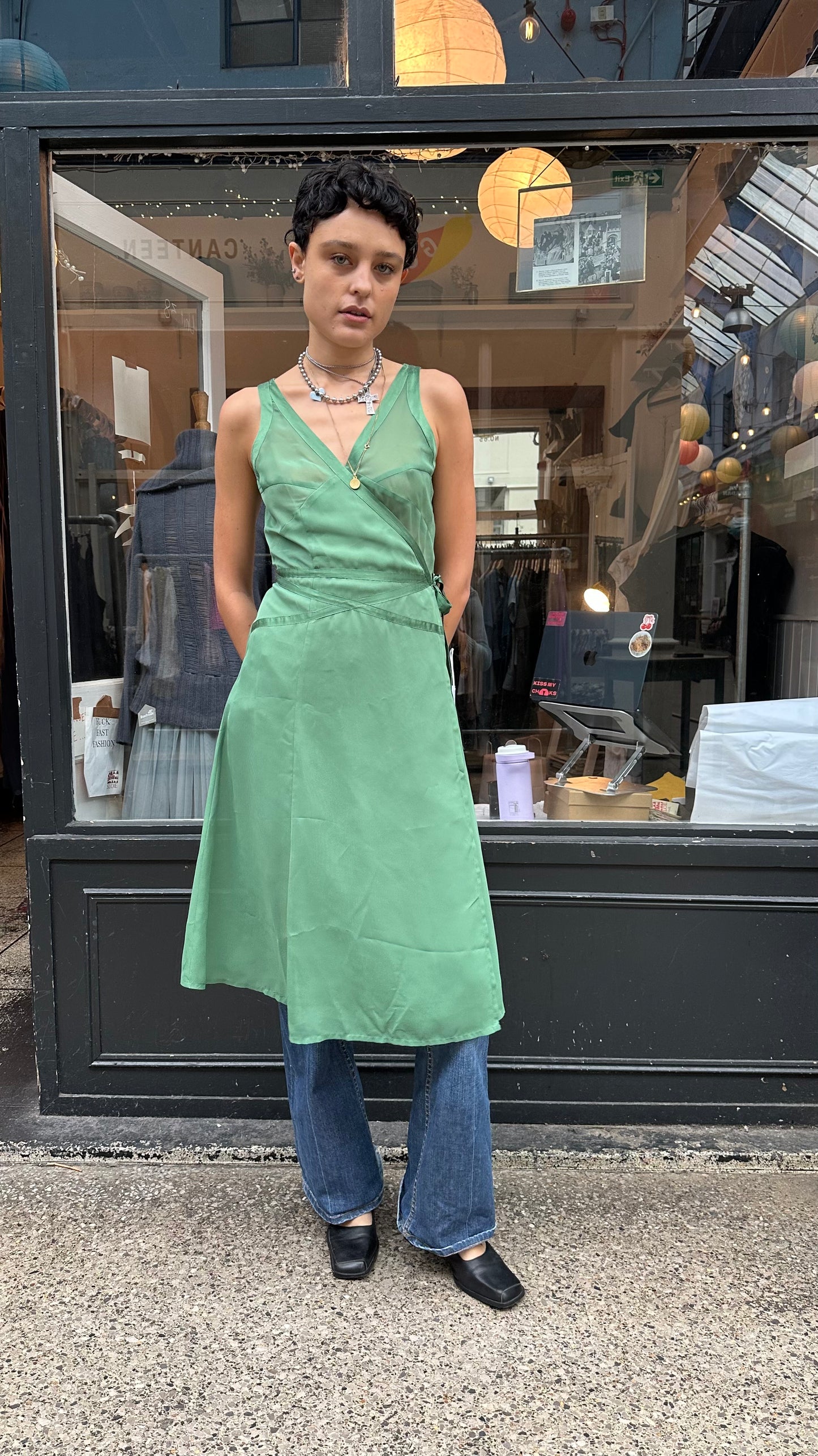 Green sheer wrap dress
