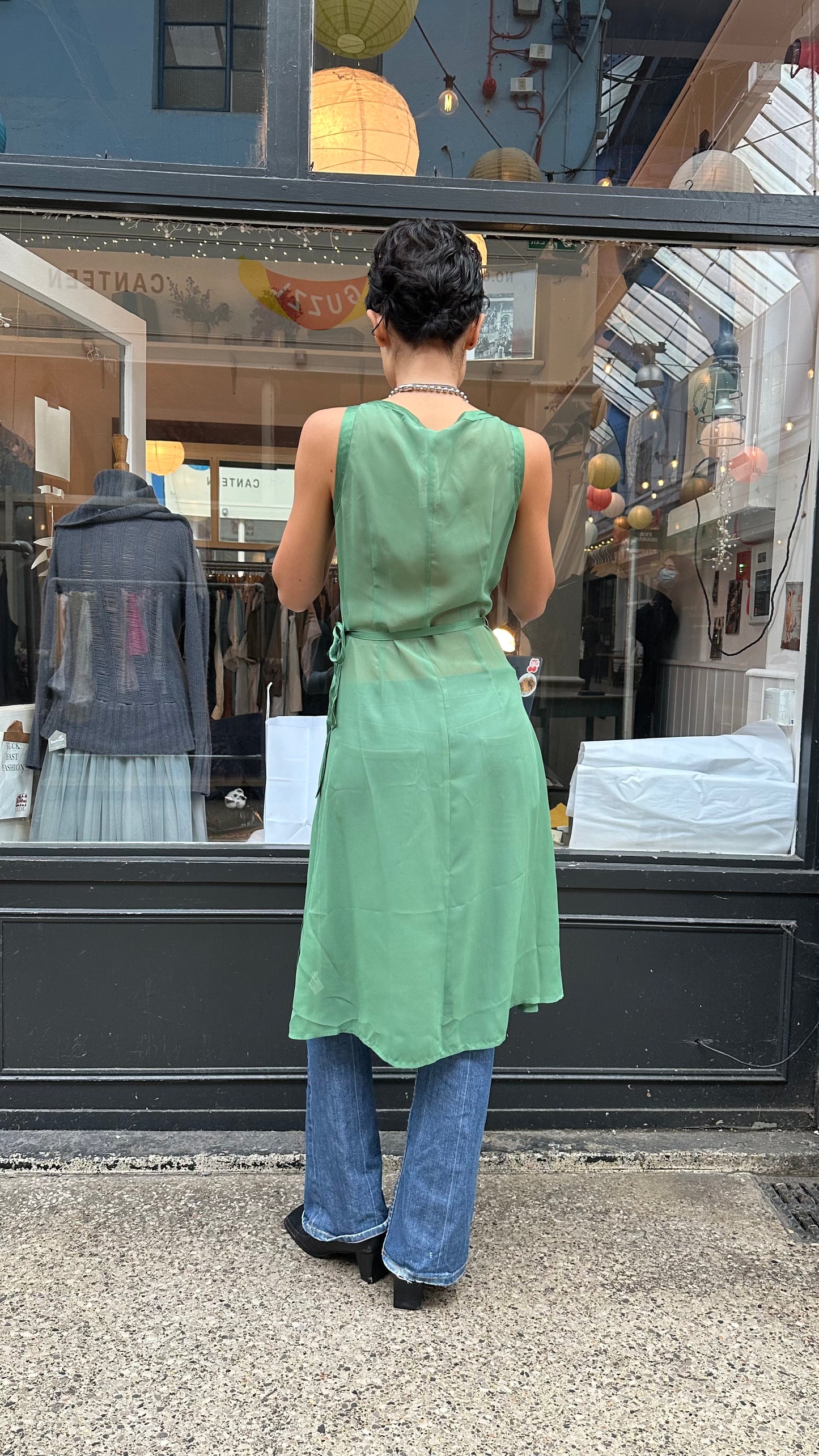 Green sheer wrap dress