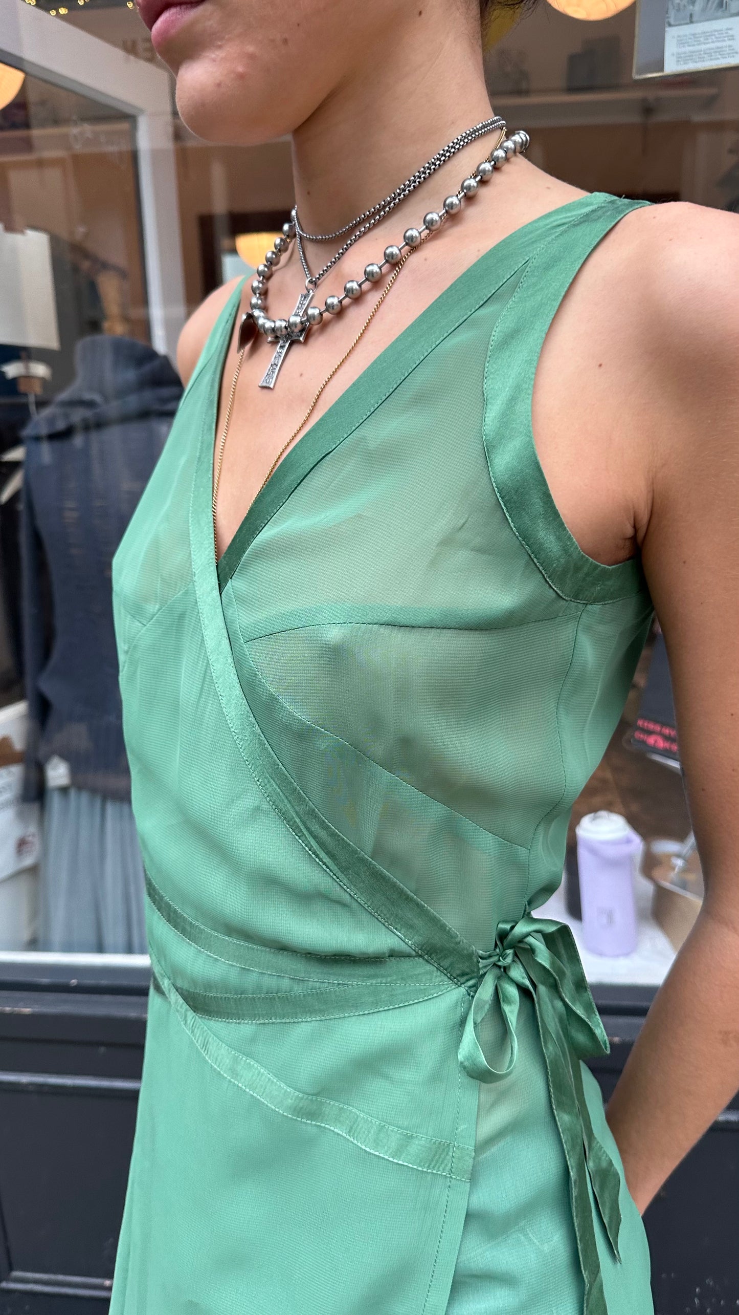 Green sheer wrap dress