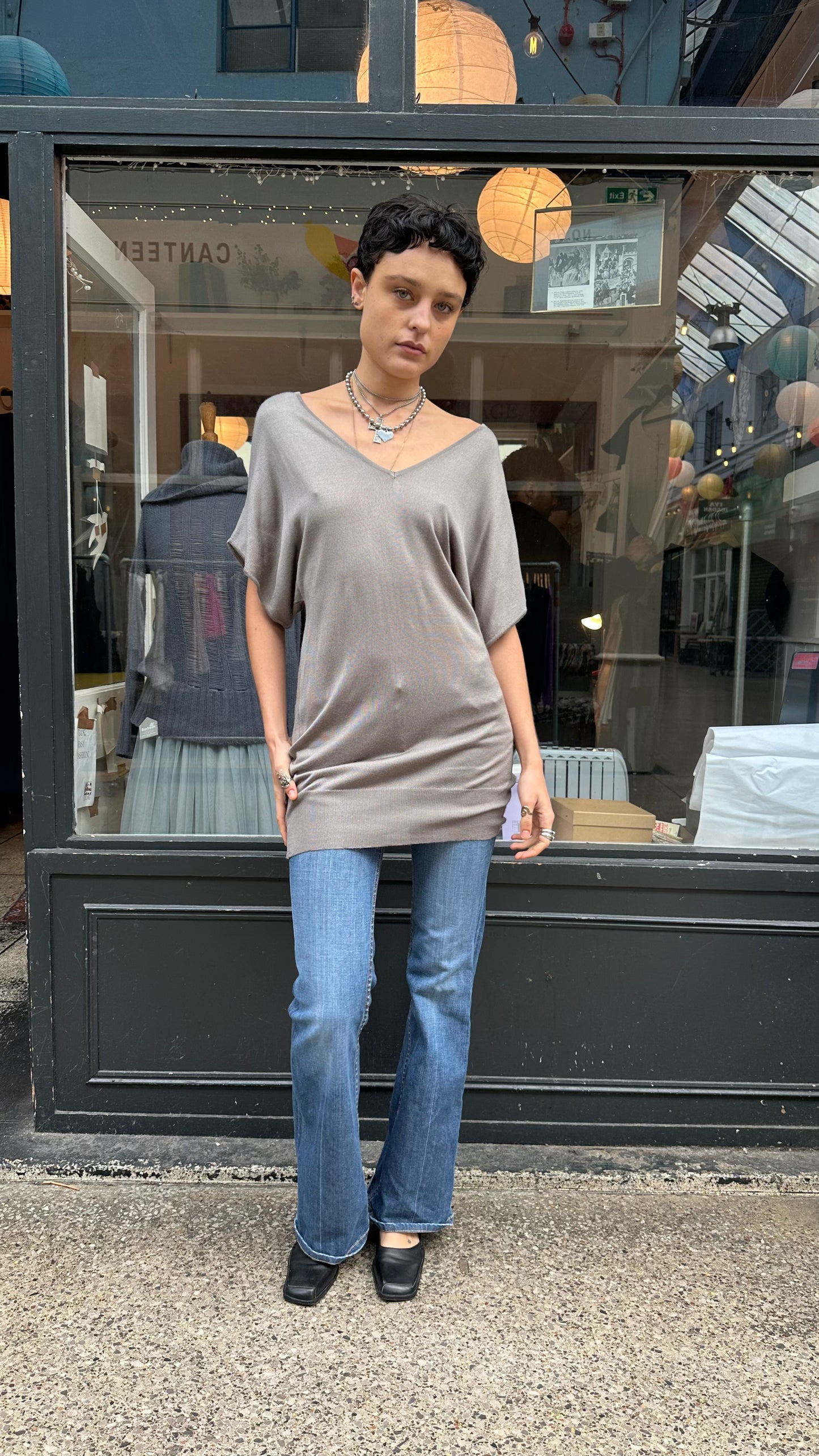 Grey super slouchy knit v neck tunic