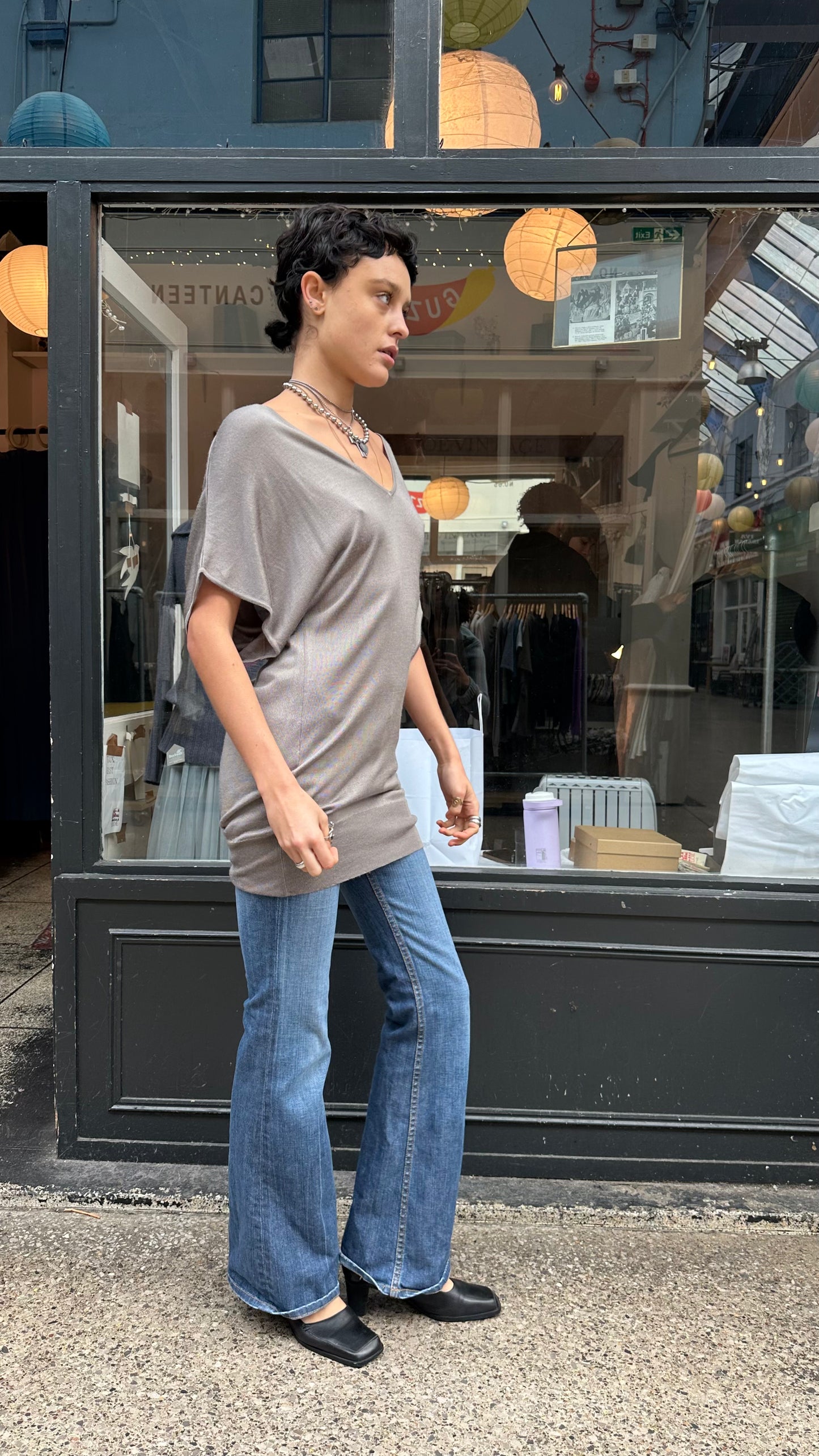 Grey super slouchy knit v neck tunic