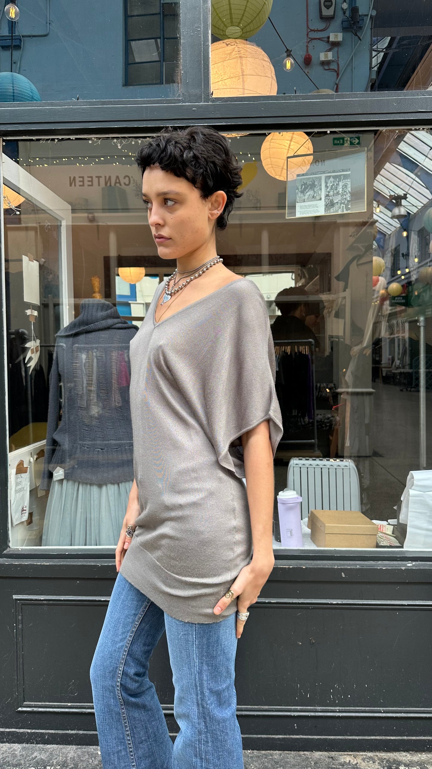 Grey super slouchy knit v neck tunic