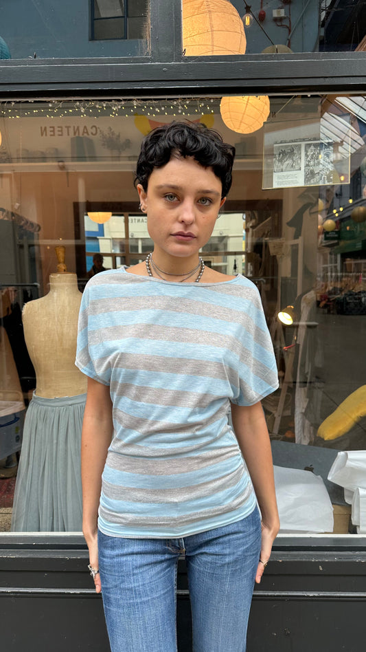 Blue and silver striped top
