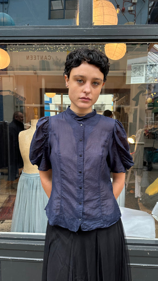 Silk and cotton puff sleeve blouse