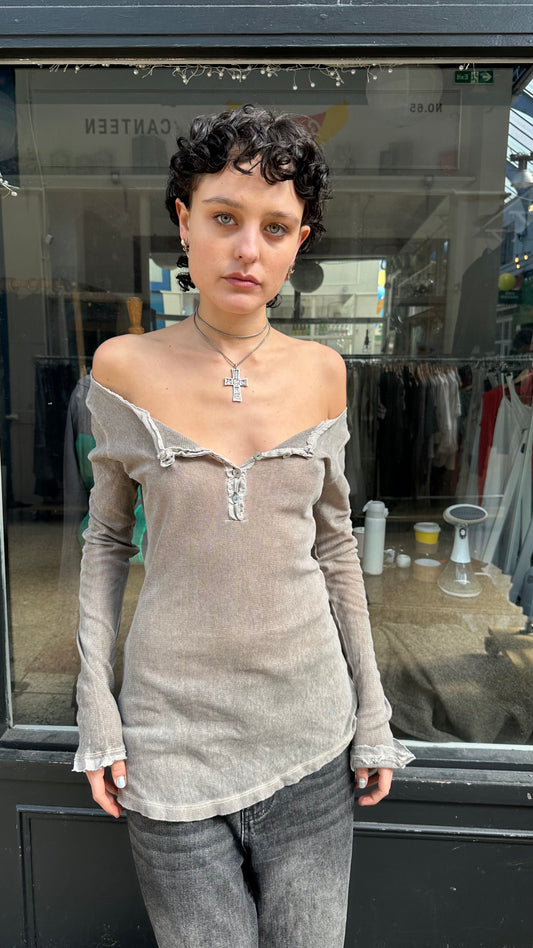 Grey mesh henley top