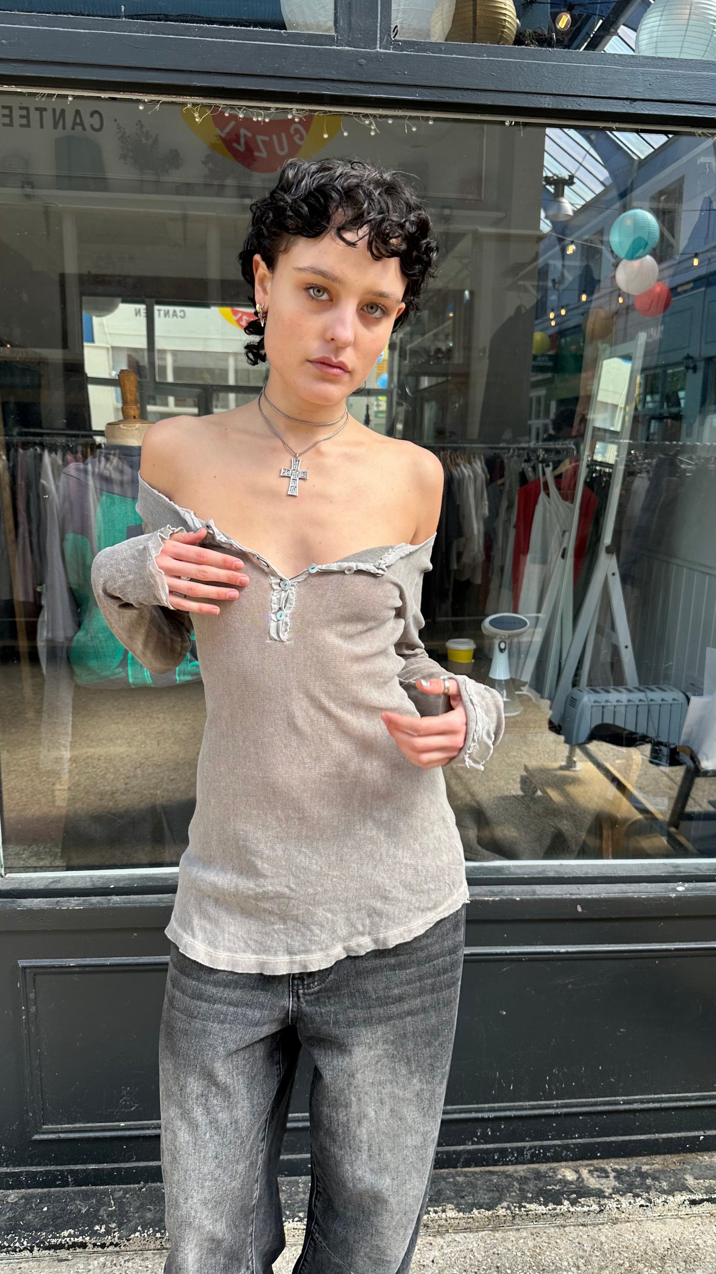 Grey mesh henley top