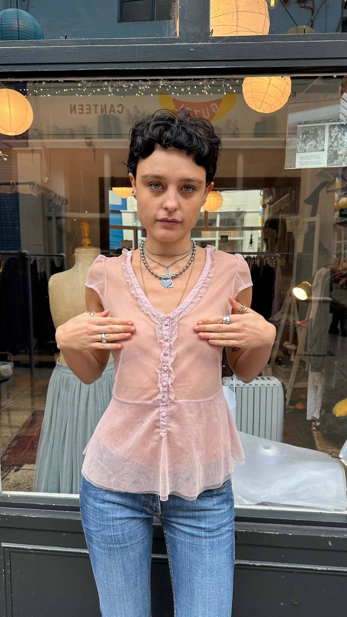 Pink sheer mesh and lace blouse