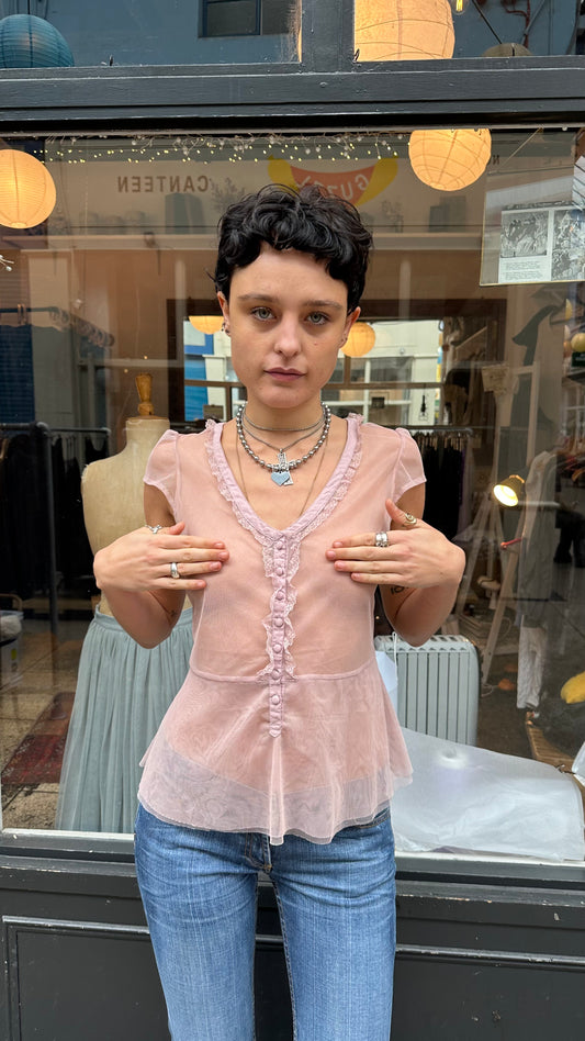 Pink sheer mesh and lace blouse