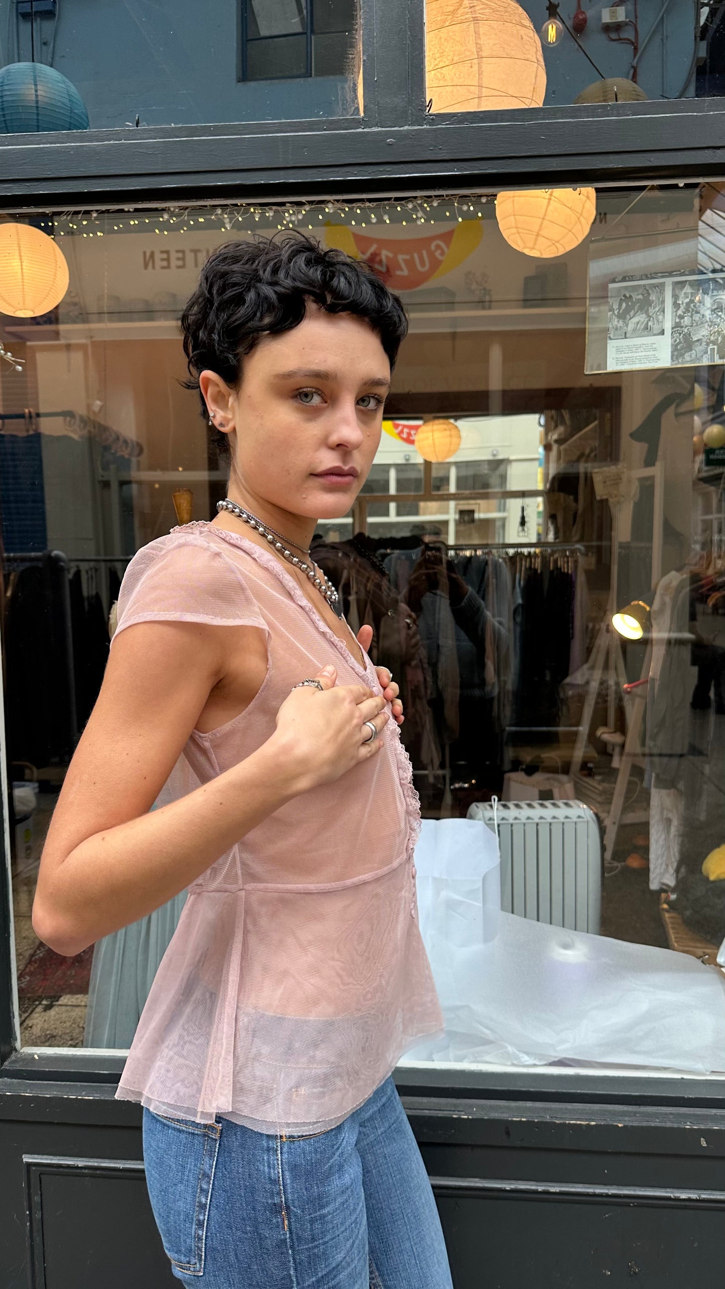 Pink sheer mesh and lace blouse