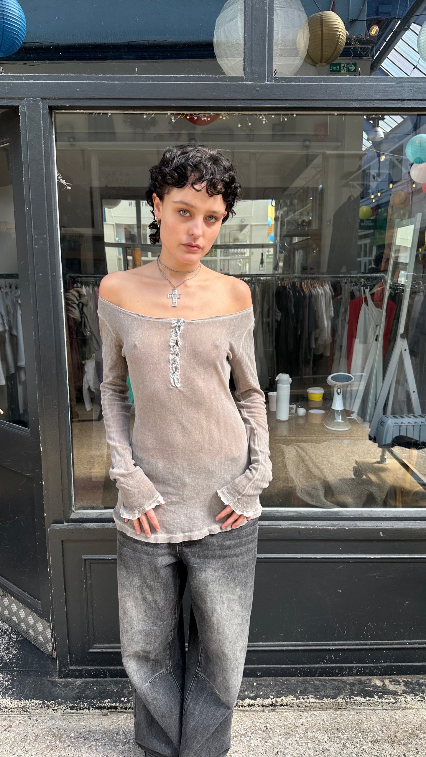 Grey mesh henley top