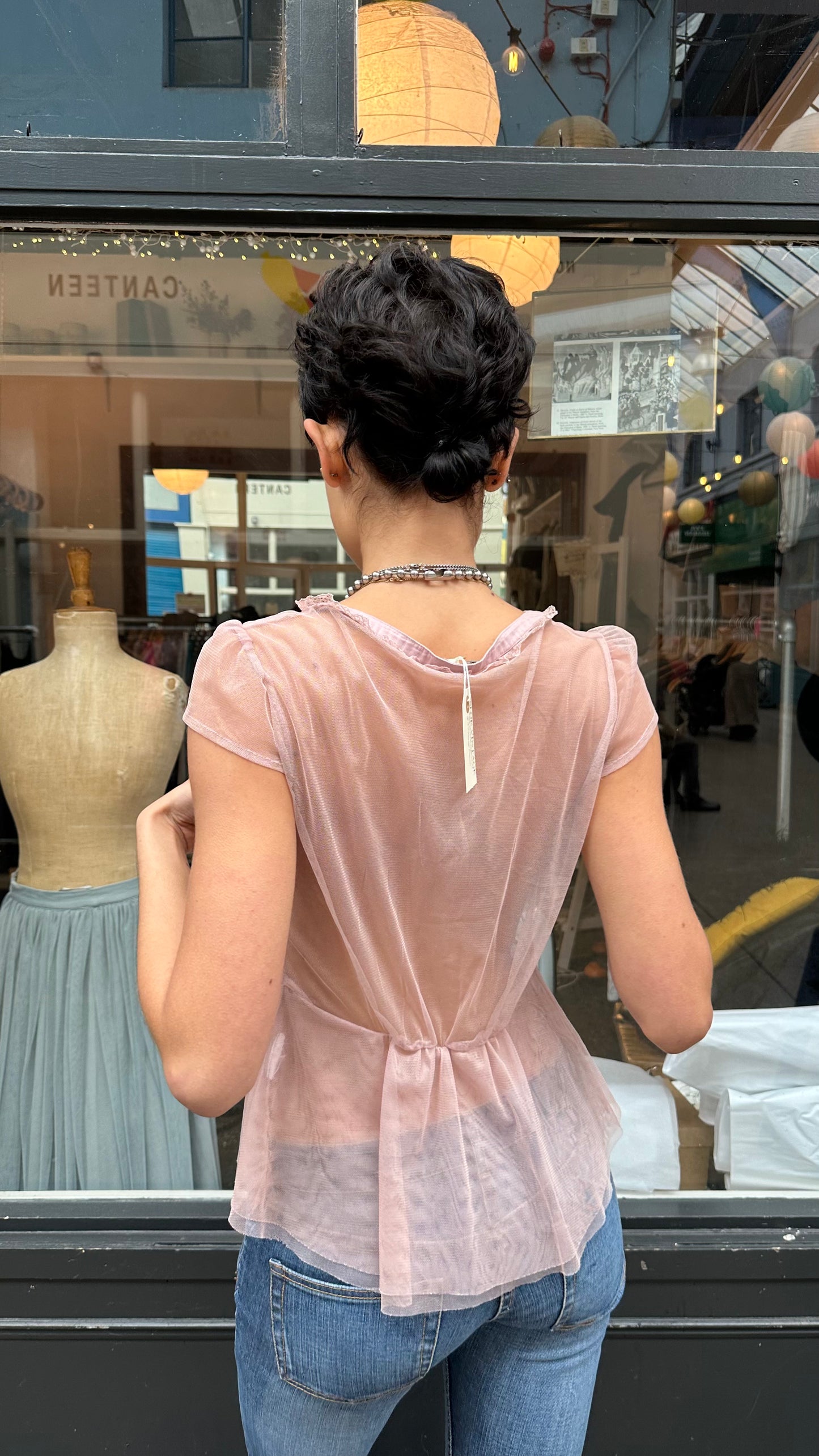 Pink sheer mesh and lace blouse