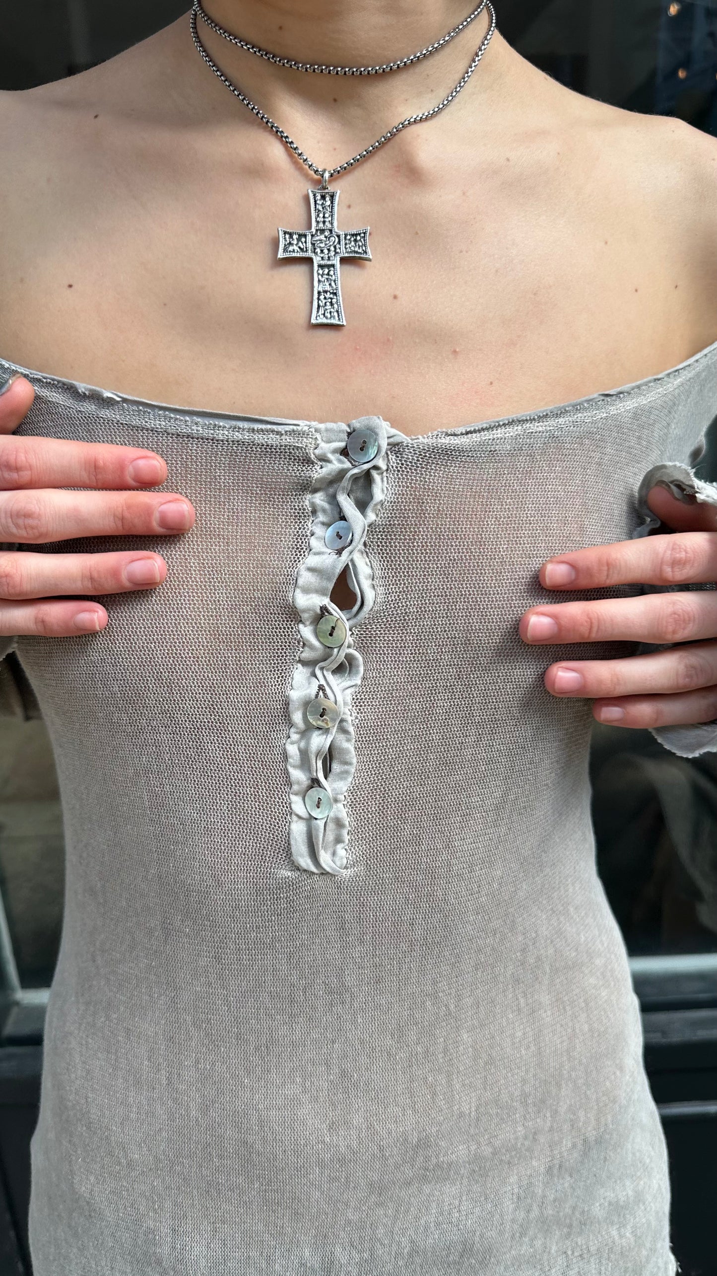 Grey mesh henley top