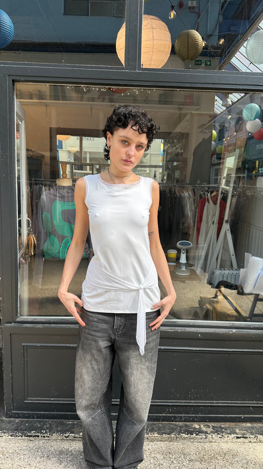 White tank with tulle ribbon