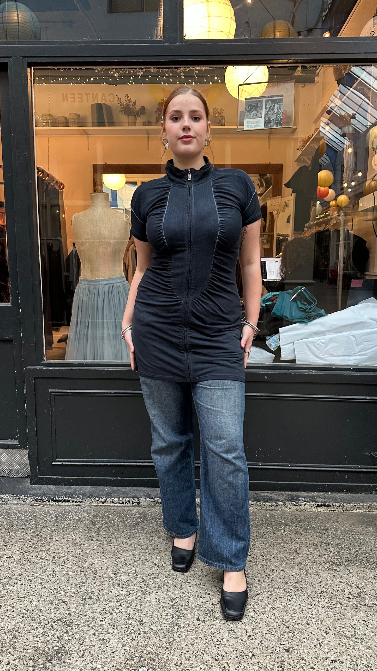 Navy cotton zip up dress