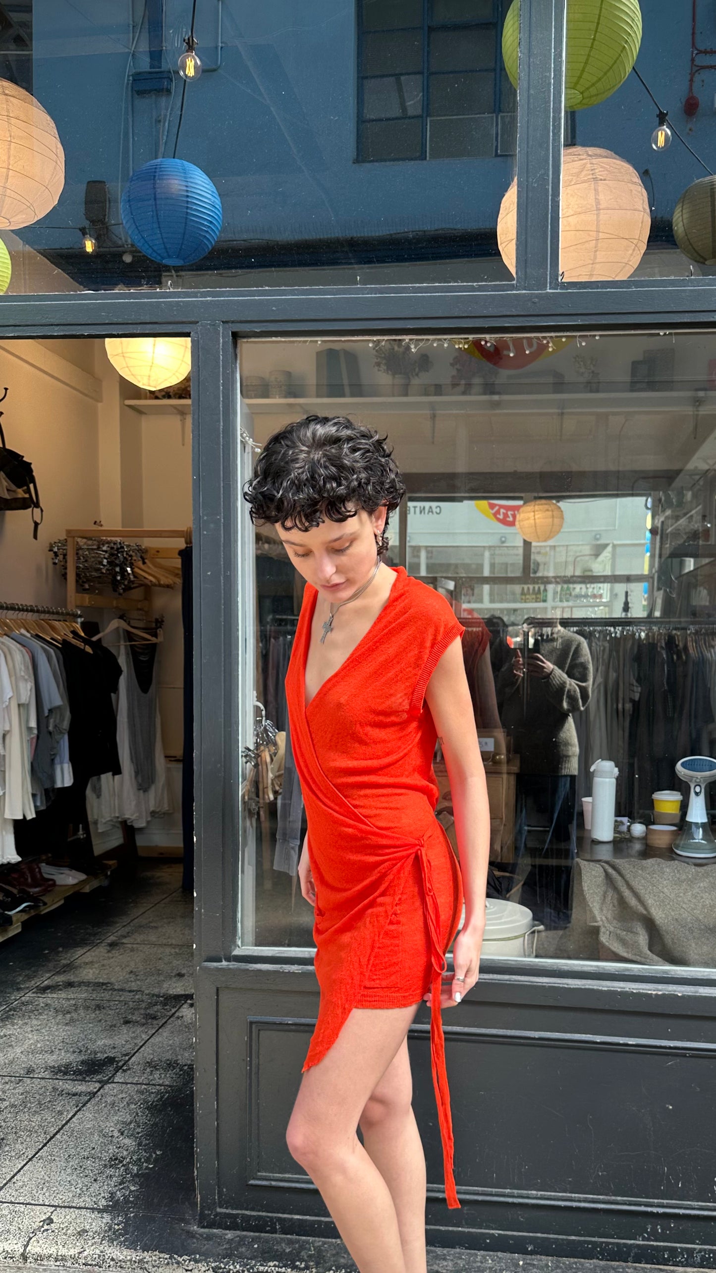 Bright orange wrap dress