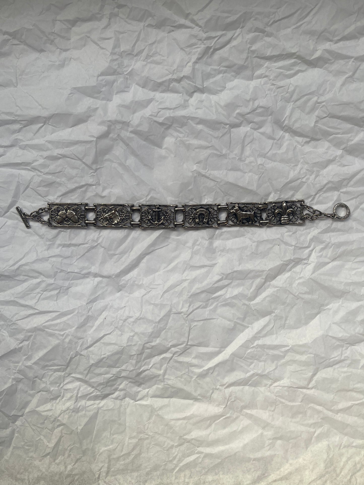 Silver Rectangle Beads with Various Pictures Bracelet