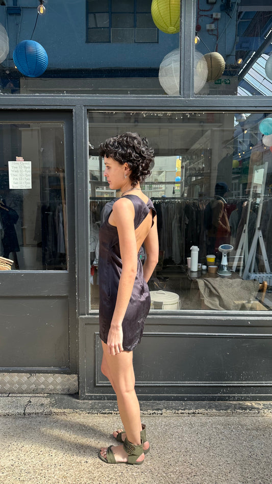 Black silky open back mini dress