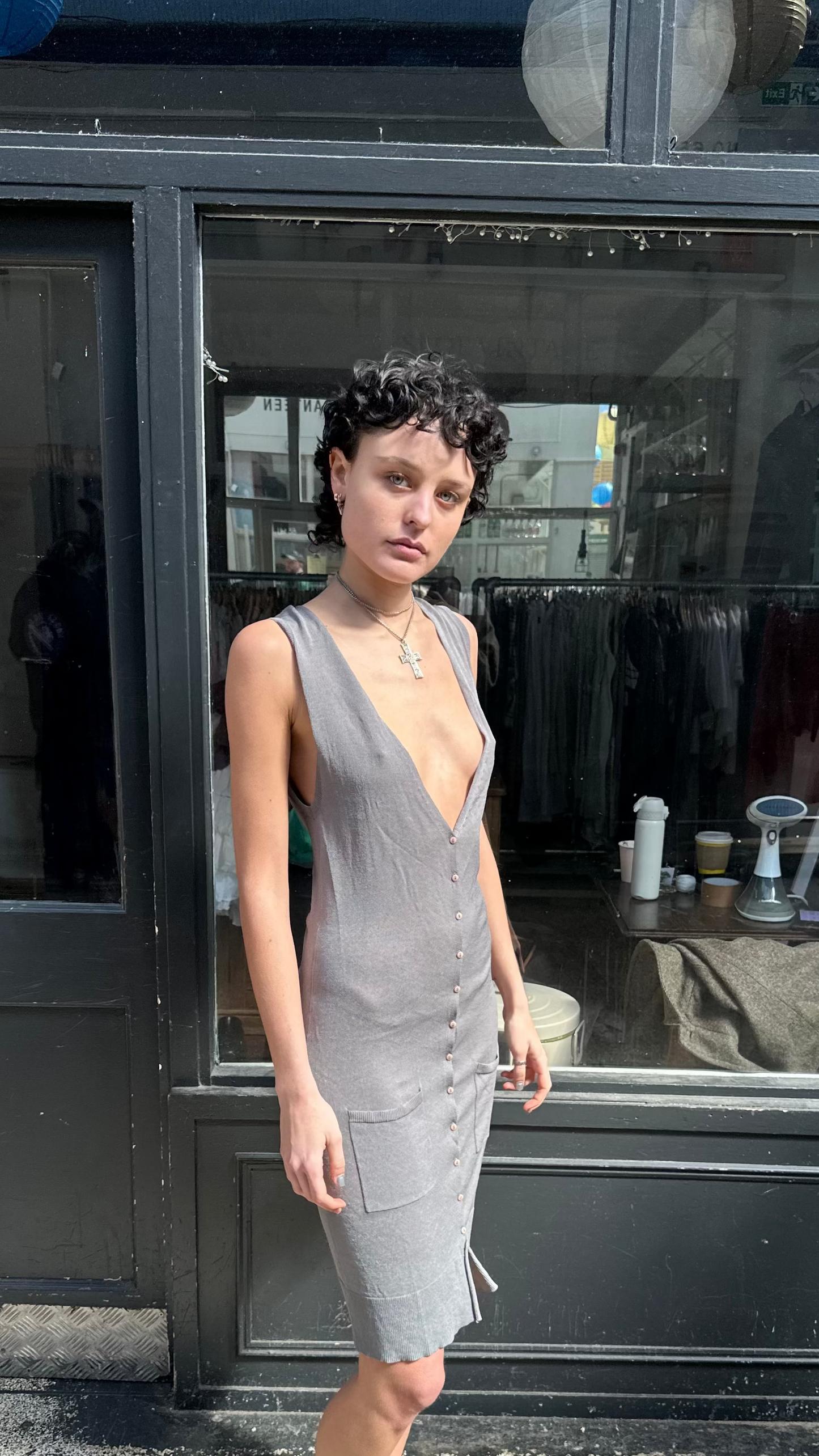 Grey button midi dress