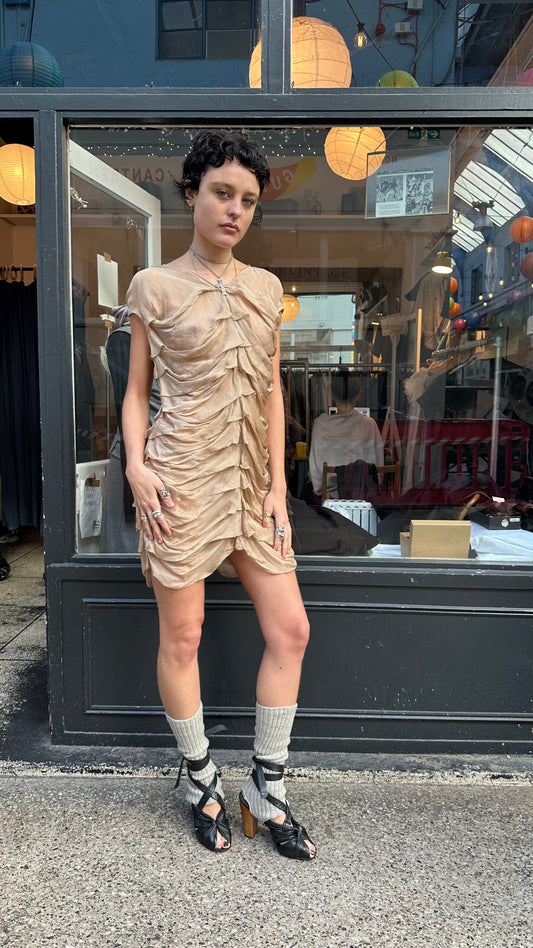 nude 100% silk ruffled dress