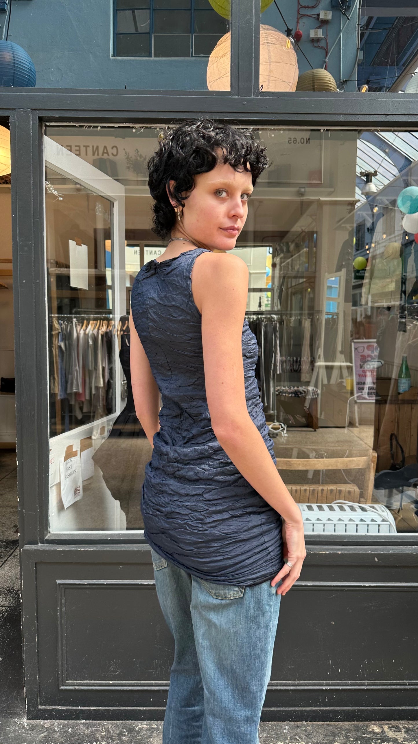 Sarah Pacini blue ruched mini dress