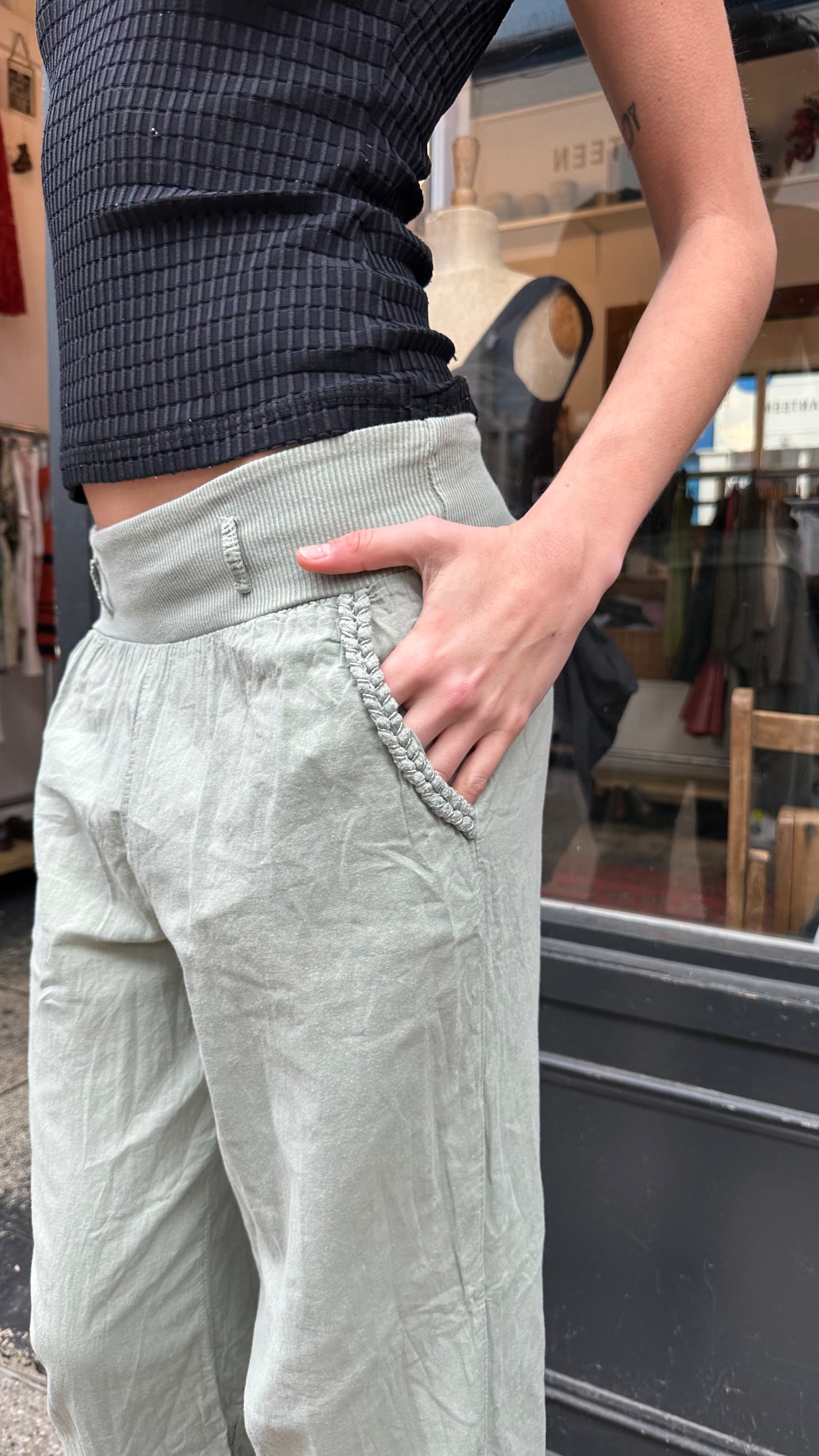 green balloon trousers