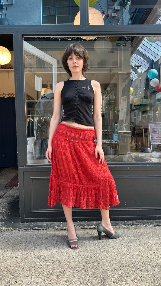 Red lace midi skirt