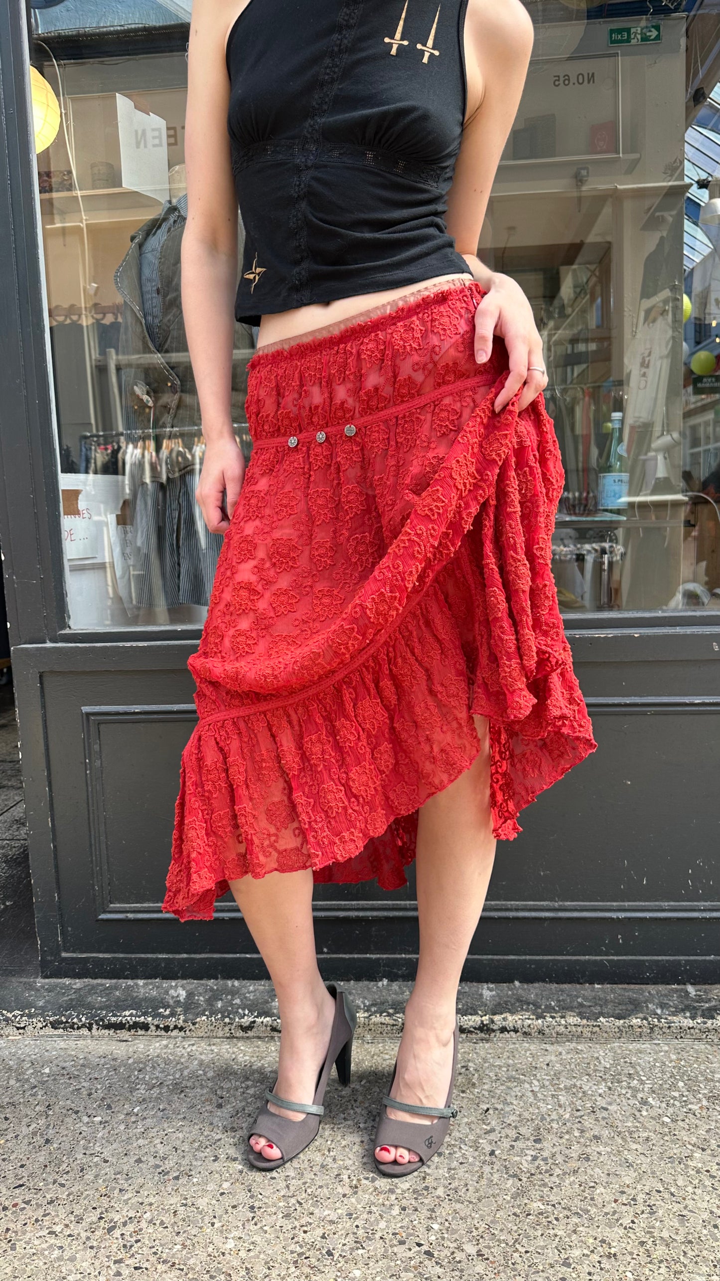 Red lace midi skirt