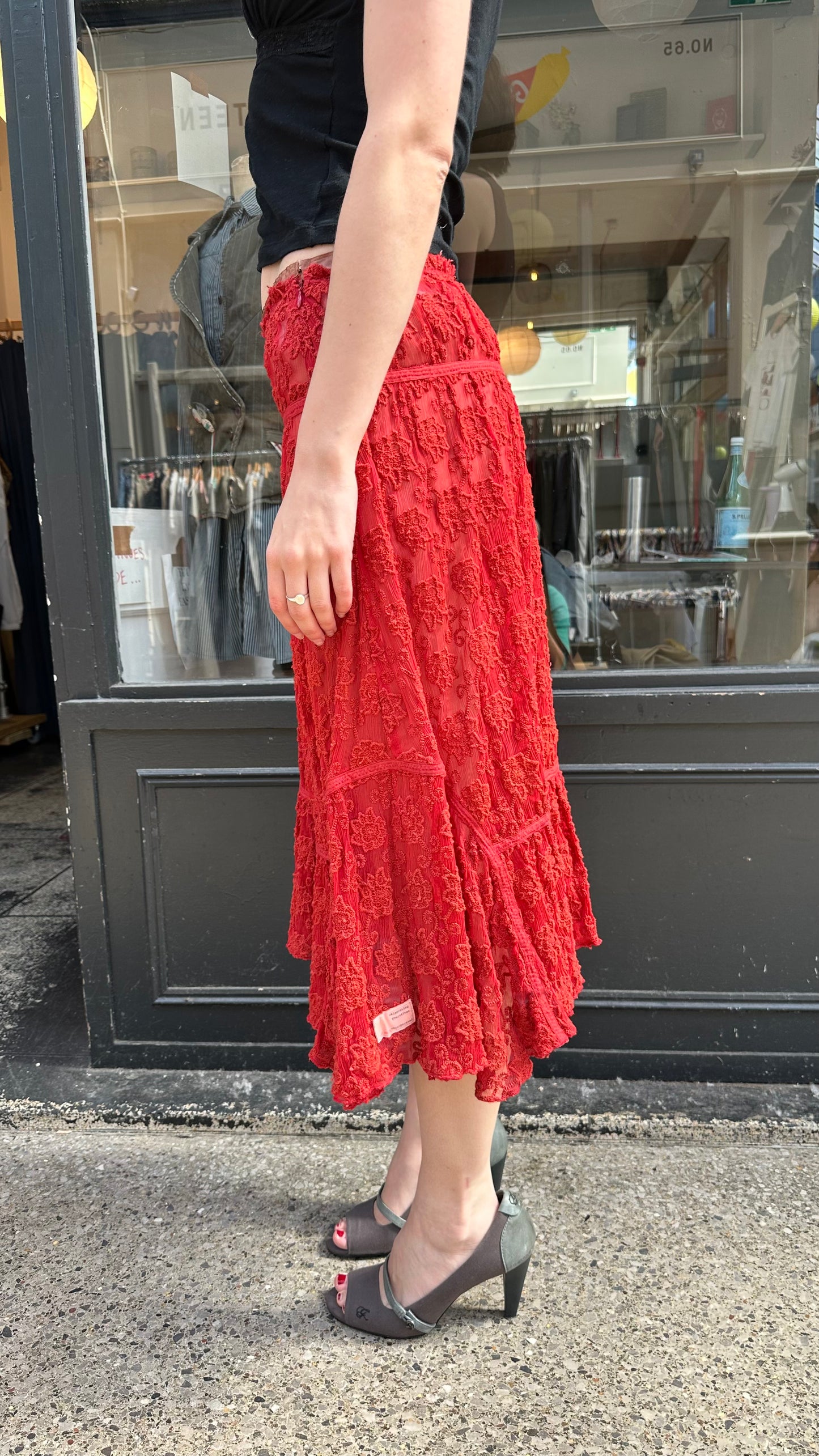 Red lace midi skirt