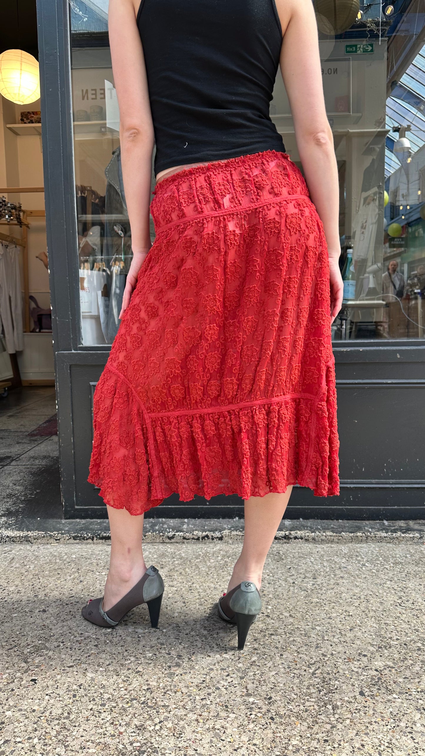 Red lace midi skirt