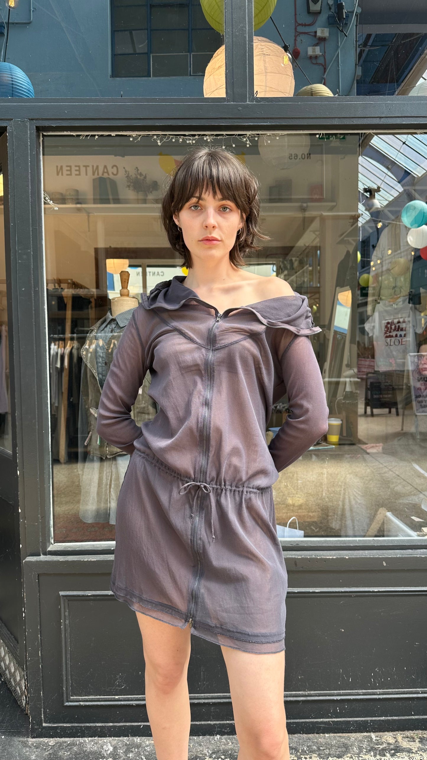 Grey mesh tunic top