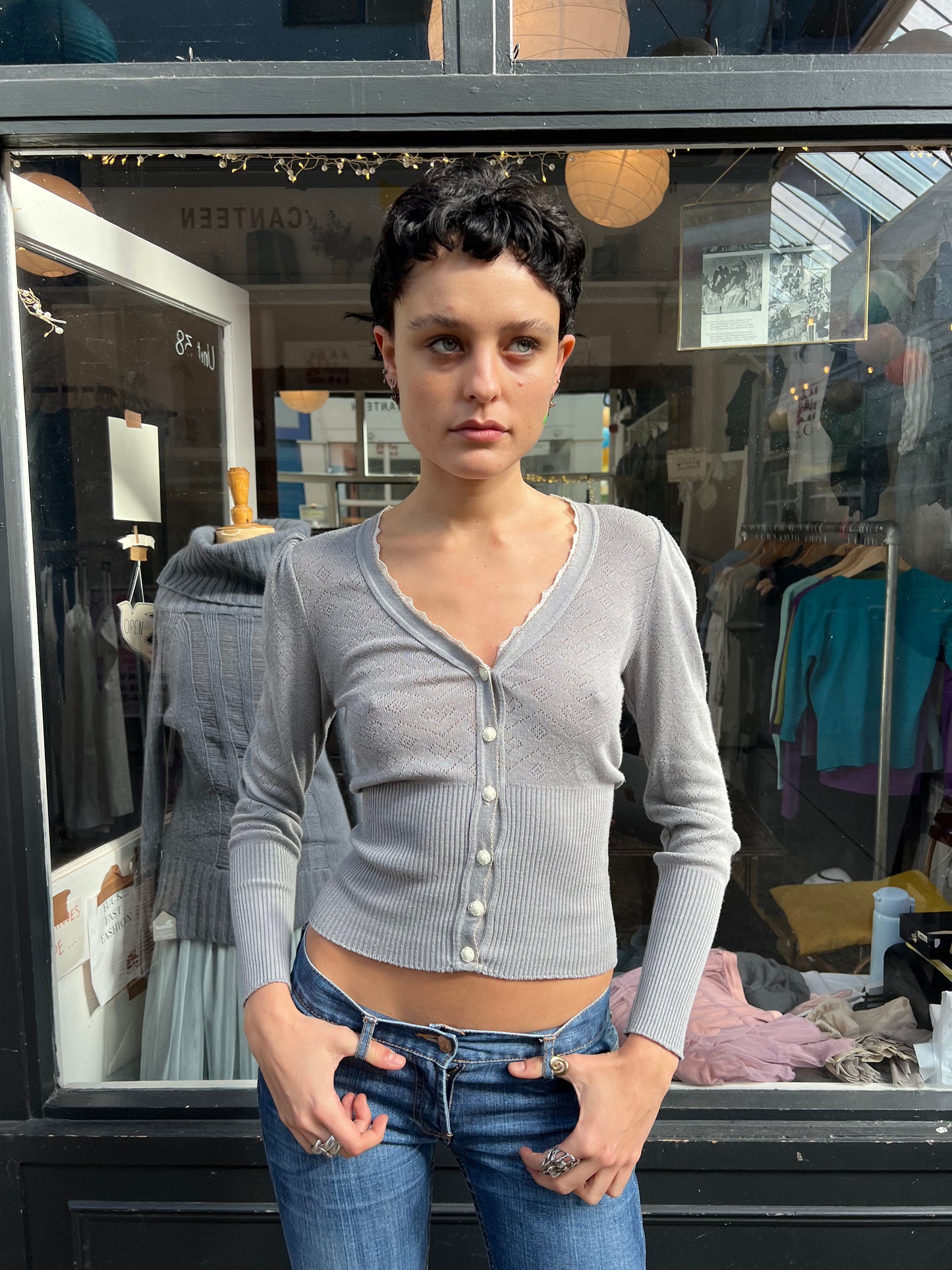 Grey pointelle and lace cardigan