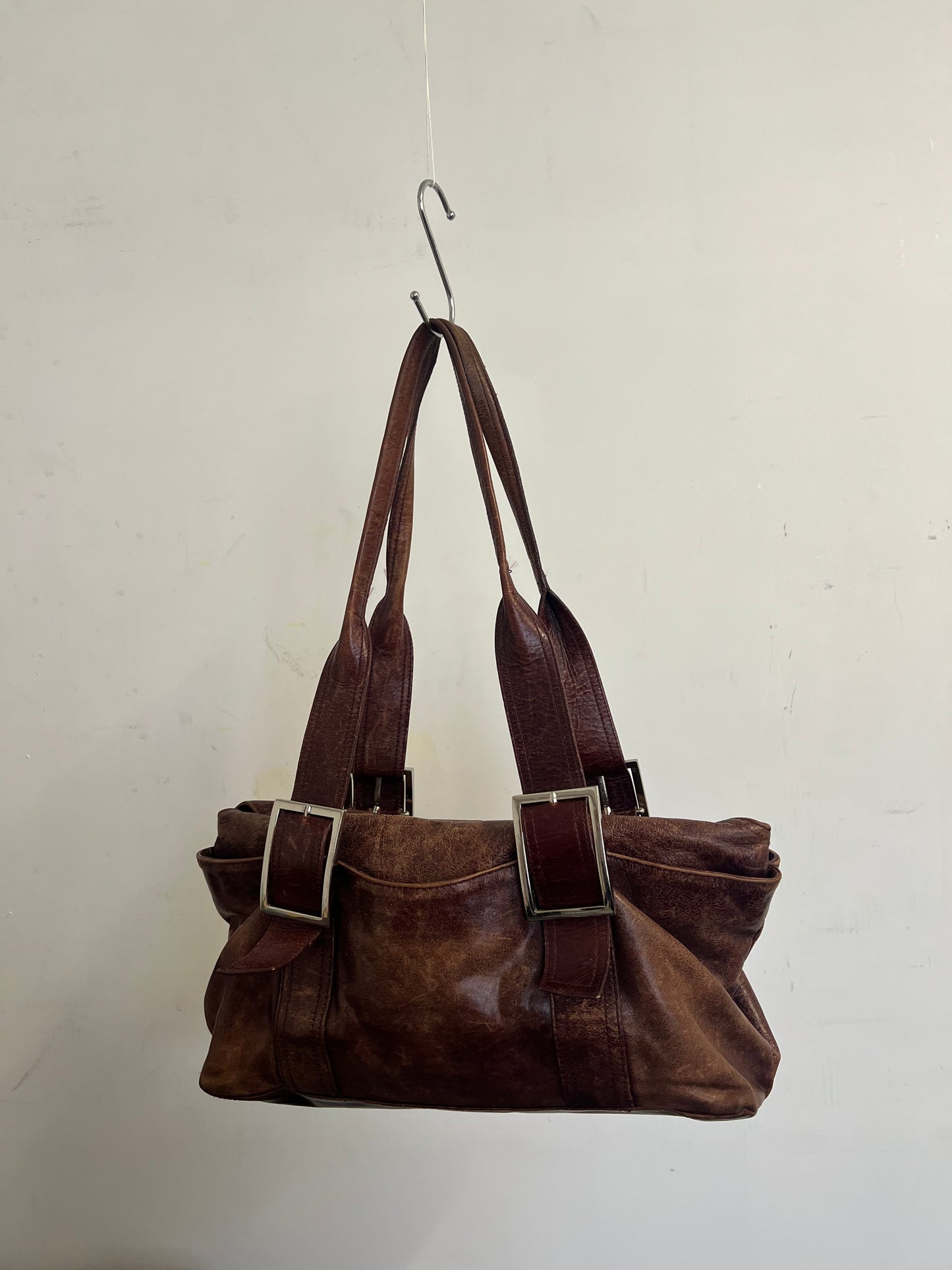 Brown leather baguette bag