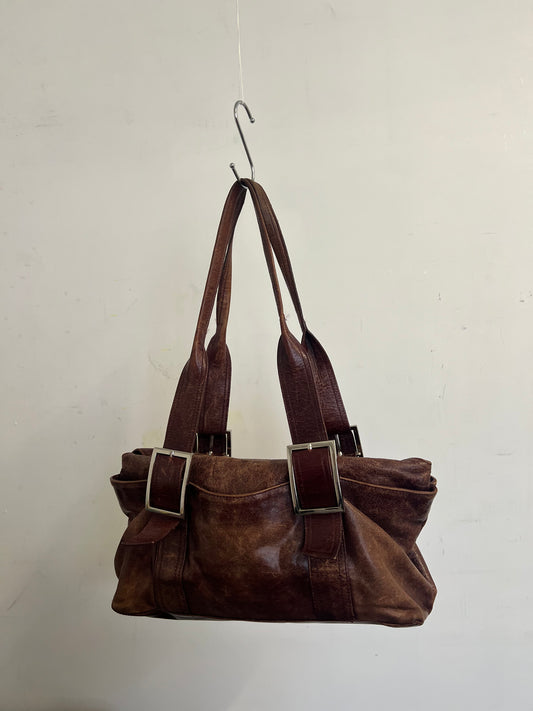 Brown leather baguette bag